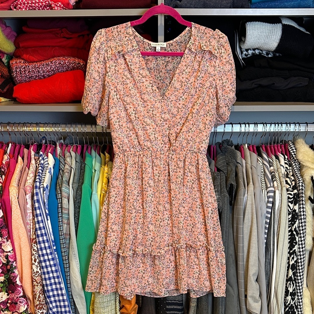 Luxology pink/blue floral v neck short sleeve lined sheer back dress size S